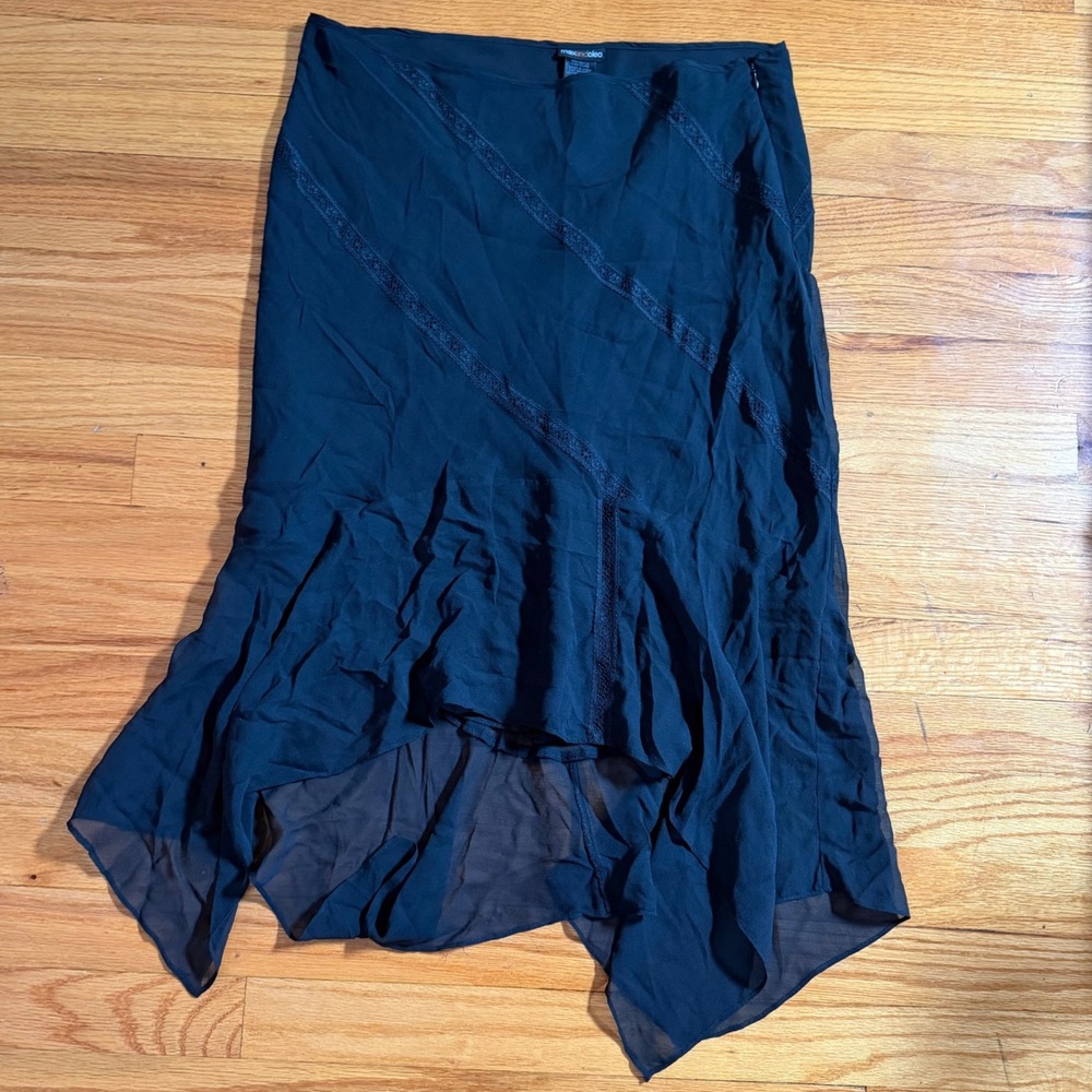 maxandcleo Silk Asymmetrical Lace Trim Skirt 8 Black Handkerchief Hem DDC3099M